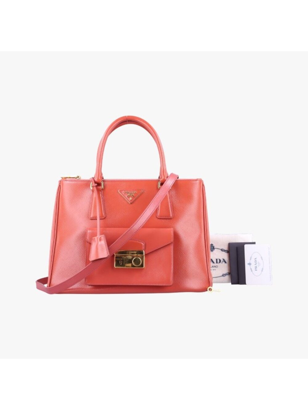 Prada Galleria Front Pocket Orange Patent 14 Shoulder Bag